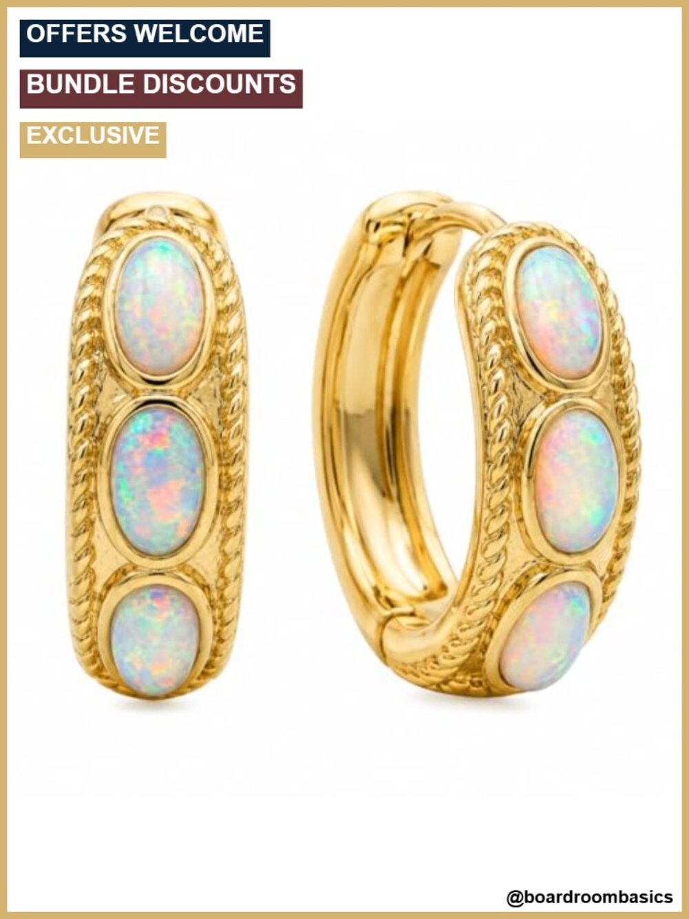 14K Gold Plated Natural Opal Handcrafted Huggie Hoop Earrings